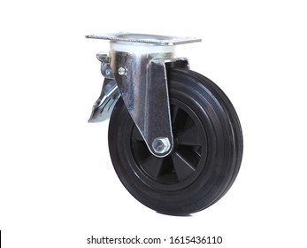 Black Rubber Wheel With A Polypropylene Disc In A Bracket With A Brake Isolated On White