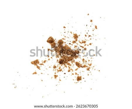 Black rye bread isolated, broken dark brown loaf pieces, crumbled sourdough borodinsky rugbrod square slices with coriander on white background