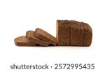 Black rye bread isolated, dark brown sliced loaf, sourdough borodinsky rugbrod square slices with coriander on white background