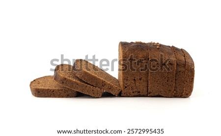 Black rye bread isolated, dark brown sliced loaf, sourdough borodinsky rugbrod square slices with coriander on white background