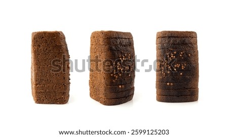 Black rye bread isolated, dark brown sliced loaf, sourdough borodinsky rugbrod square slices with coriander on white background
