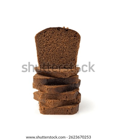 Black rye bread isolated, dark brown sliced loaf, sourdough borodinsky rugbrod square slices with coriander on white background