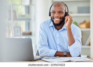 Black Sales Man, Call Center Agent And Customer Service Support Advice, Consulting And Talking Conversation Loan In Office. African, Young And Happy Consultant, Crm Telemarketing And Contact Us Work