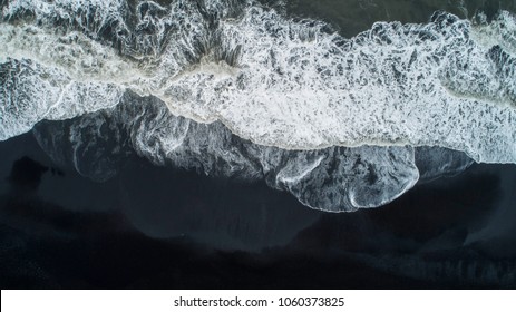 The Black Sand Beach In Iceland. Aerial View And Top View. Beautiful Natural Backdrop.