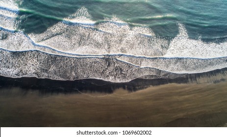 The Black Sand Beach In Iceland. Aerial View And Top View. Beautiful Natural Backdrop.