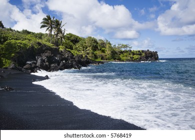 Black Sand Beach In Maui, Hawaii.