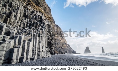The black sand beach of Reynisfjara and the mount Reynisfjall, iceland