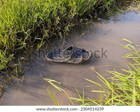 black sandals washed away in the rice field ditch