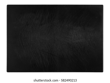 Black And Scratched Chopping Board, Top View Of The Object On White Background