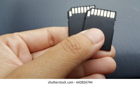 Black sd memory card in hand