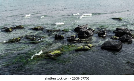 Black Sea Tide Waves Coming In Covering Green Algae Rocks In Shallow Water