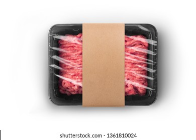 Black Sealable Plastic Tray With Craft Paper Label Filled With Fresh Raw Minced Meat Top-view. Packaging Template Mockup Collection. With Clipping Path Included.