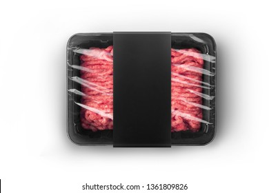 Black sealable plastic tray with black paper label filled with fresh raw minced meat top-view. Packaging template mockup collection. With clipping Path included.