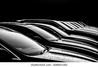 Black sedan cars standing in a row. Fleet of generic modern cars. Transportation. Luxury car fleet consisting of generic brandless design. isolated in dark background. after rain. wet surface.