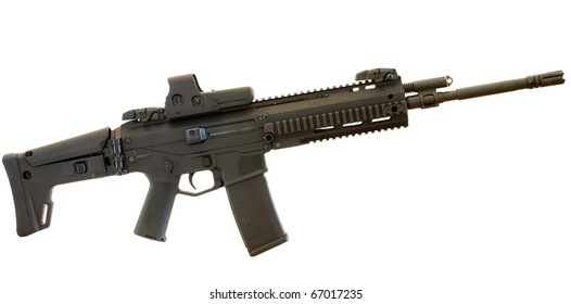 Black Semi Automatic Rifle With Rails On A White Backgroun