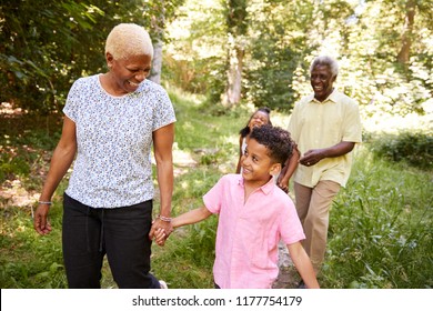 Black Senior Couple Walking In Forest With Grandchildren