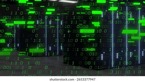 Black server racks standing in data center, showing glowing LED indicators and binary overlay. Technology, data, cybersecurity, server, digital, infrastructure, network