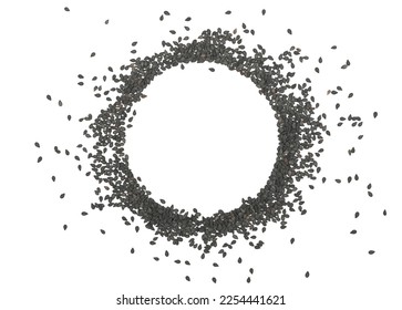 Black sesame seeds pile, round isolated on white, top view