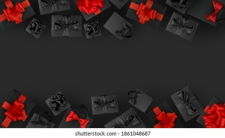 Schwarze Einkaufsbeutel und Geschenkbox und rote Boxen auf schwarzem Hintergrund mit Textkopie, Einkaufskonzept für Black Friday Shopping-Konzept