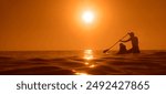 black silhouette of male father with kid son figure swimming on a sup paddle board on horizon in summer. one Man silhouette with child daughter rowing. boarding on sea at sunset dawn. summer hobby. 