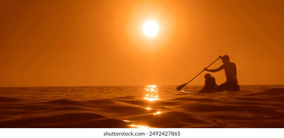 black silhouette of male father with kid son figure swimming on a sup paddle board on horizon in summer. one Man silhouette with child daughter rowing. boarding on sea at sunset dawn. summer hobby.  - Powered by Shutterstock