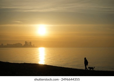 black Silhouette of man walking with their dogs at the beach. one male walking. walk at sunset. Walking dog on coastline at sunset. sunray. Batumi Georgia - Powered by Shutterstock