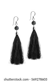 Black Silk Tassel Earrings On White Background