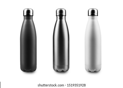 Black, silver and white thermo bottles for water with mockup. Closed with special cap. Isolated on white background. 