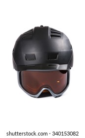 Black ski and snowboard helmet and glasses on white background - Shutterstock ID 340153082