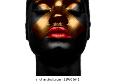 Black Skin, Red Lips And Gold Cross On Face Of Fashion Beauty Model