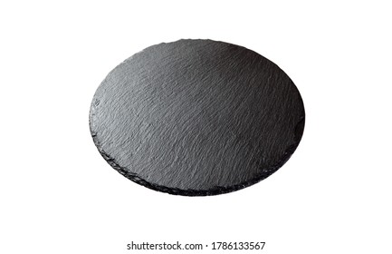 Black Slate Signboard, Round Stone Cutting Board Isolated On White Background