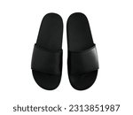 Black slip on slippers sandals isolated on white background. Blank, no label, mock up for your design logo. Basic pair of open toe slide sandals for man, woman, children. Top view.