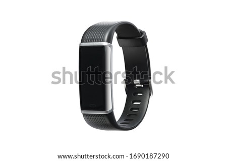 Black smart watch with black car, space for your inscription, logo, text. Black wireless watch isolated on a white background. Fitness monitor
