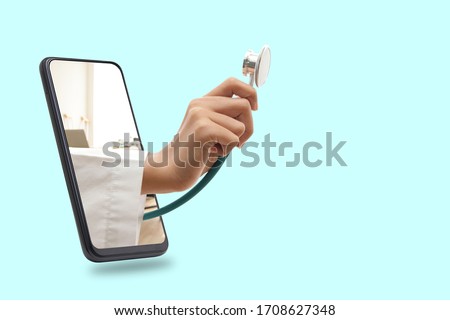 Black smartphone concept Connect to communication via online technology. The doctor can examine the patient via video call. Light green background. Clipping Path