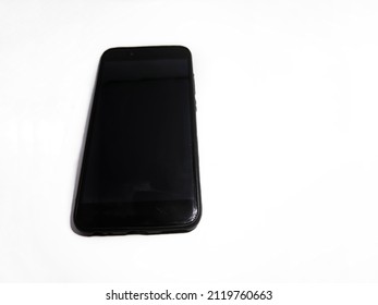 Black Smartphone, Mobile Phone, With Negative Space On The Right Side, Isolated On White Background