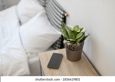 Black smartphone on the nightstand. Green plant in a flower pot on the table in the bedroom against the background of the bed