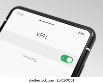 Black smartphone with VPN enabled, close-up. Modern cell phone with VPN, on a light background. Using a VPN on a smartphone. Selected focus - Shutterstock ID 2142209101