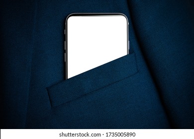 Black smartphone with white screen in men suit pocket close up. Copy space, mockup - Shutterstock ID 1735005890