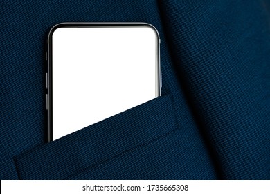 Black smartphone with white screen in men suit pocket close up. Copy space, mockup