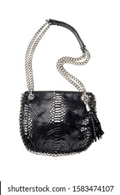 Black Snakeskin Bag With Gold Chain Strap On White Background