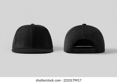 Black snapback caps mockup on a grey background, front and back side.