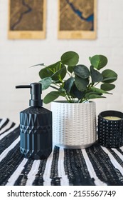 Black Soap Dispenser In Stylish Scandinavian Fishing Against The Background Of Potted Plants And Candles