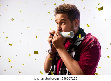 Black Soccer Fan In Action Emotions Confetti