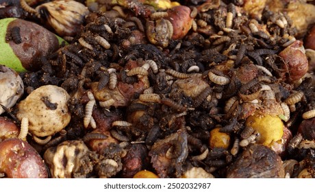 Black soldier fly larvae on food waste. Black soldier fly larvae used for composting household food scraps and agricultural waste products