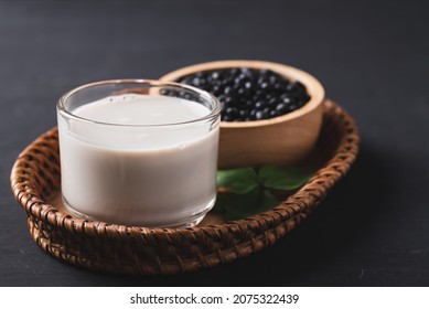 Black Soy Bean Seeds And Soy Milk In A Cup Glass, Healthy Drink