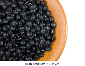 Black Soybeans Close Up In A Wooden Tray