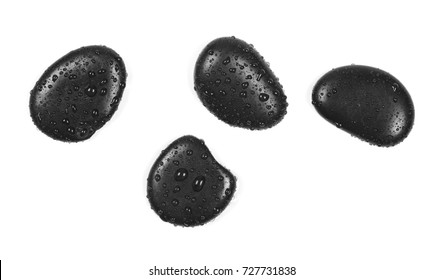 Black Spa Stones With Water Drops Isolated On White Background, Top View