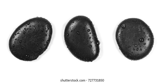 Black Spa Stones With Water Drops Isolated On White Background, Top View