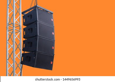 Black Speaker Hanging On A Stand / Sound System In Concert. Clipping Path.