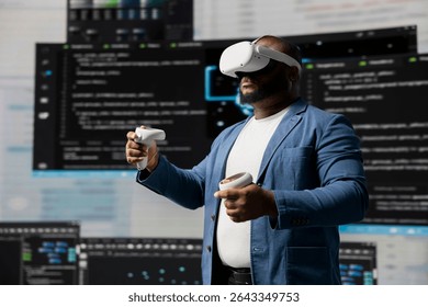Black IT specialist engineer using VR headset and coding at innovation hub, showcasing the intersection of data science and cloud computing. Coding life with modern AI tools.